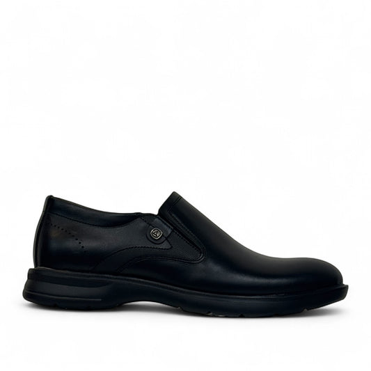 Atropat Aghdasieh black leather slip-on dress shoe with handmade stitching and rubber outsole. Photo of outside side view.