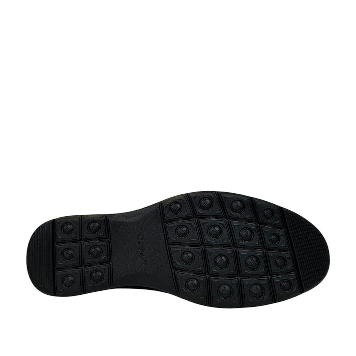 Atropat Aghdasieh black leather slip-on dress shoe with handmade stitching and rubber outsole. Photo of bottom view.