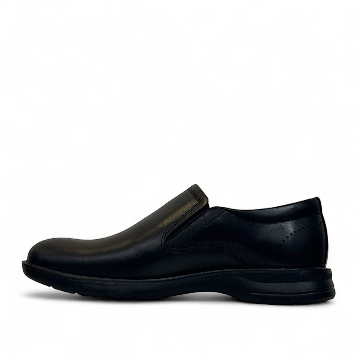 Atropat Aghdasieh black leather slip-on dress shoe with handmade stitching and rubber outsole. Photo of inside side view.