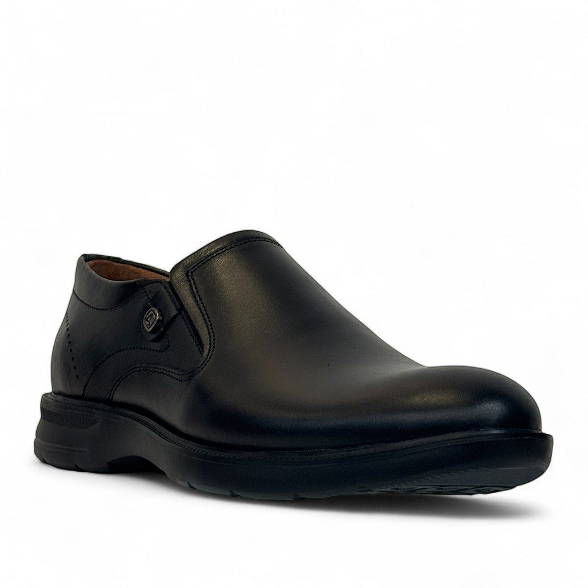 Atropat Aghdasieh black leather slip-on dress shoe with handmade stitching and rubber outsole. Photo of front view.