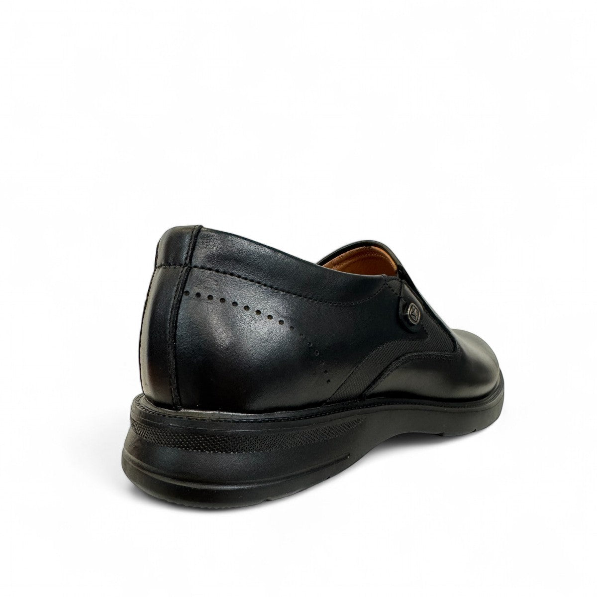 Atropat Aghdasieh black leather slip-on dress shoe with handmade stitching and rubber outsole. Photo of back view.