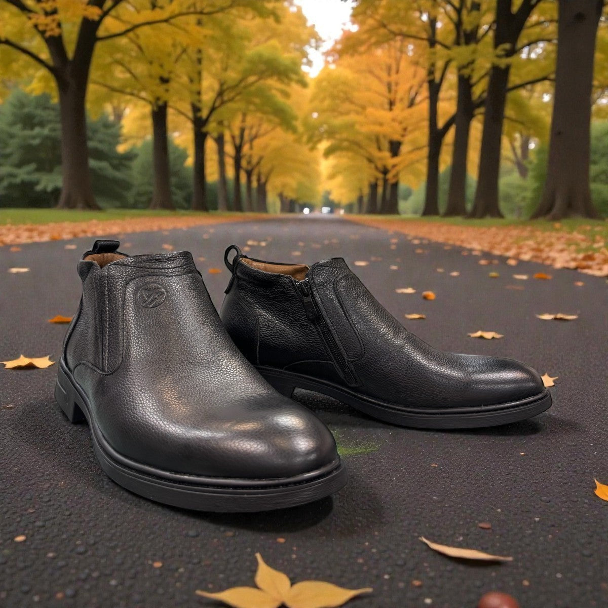 Atropat Amin black leather boots with textured upper, rubber outsole, and subtle handmade stitching. Photo of front view 1.