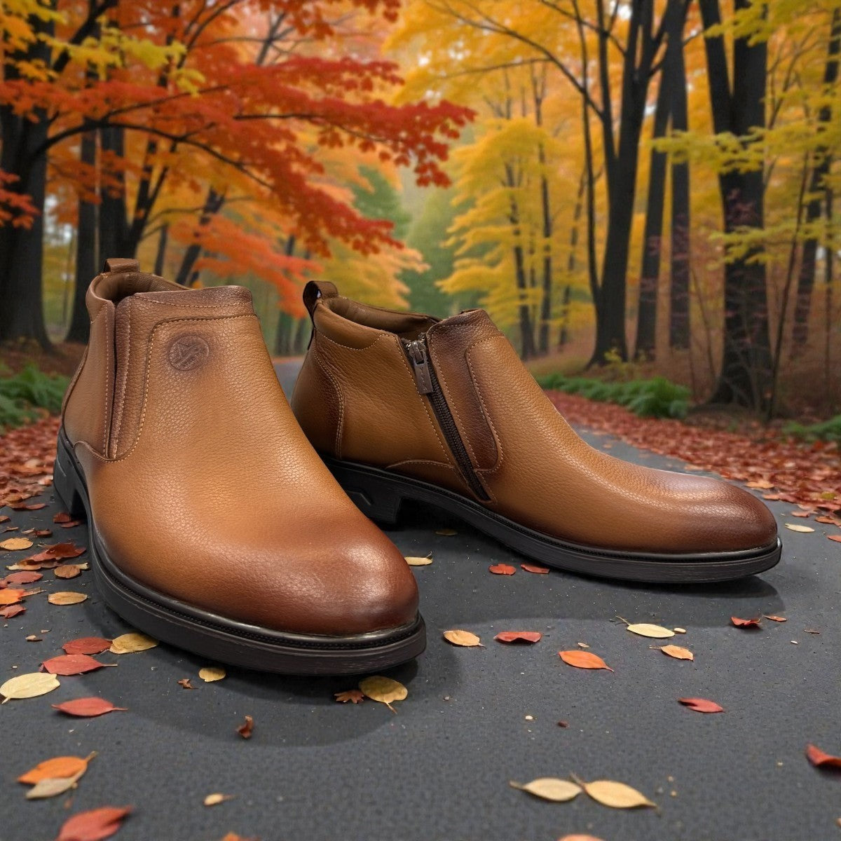 Atropat Amin brown genuine leather slip-on boots with handmade stitching and durable rubber outsole. Photo of front view at an angle 1.