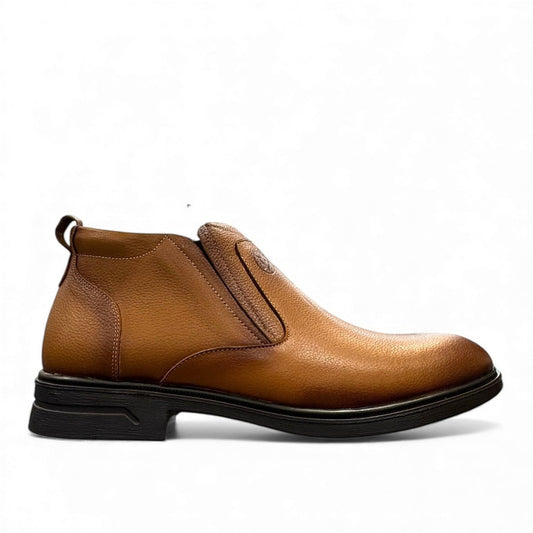 Atropat Amin brown genuine leather slip-on boots with handmade stitching and durable rubber outsole. Photo of outside side view.
