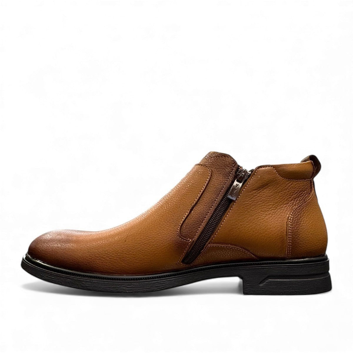 Atropat Amin brown genuine leather slip-on boots with handmade stitching and durable rubber outsole. Photo of inside side view.