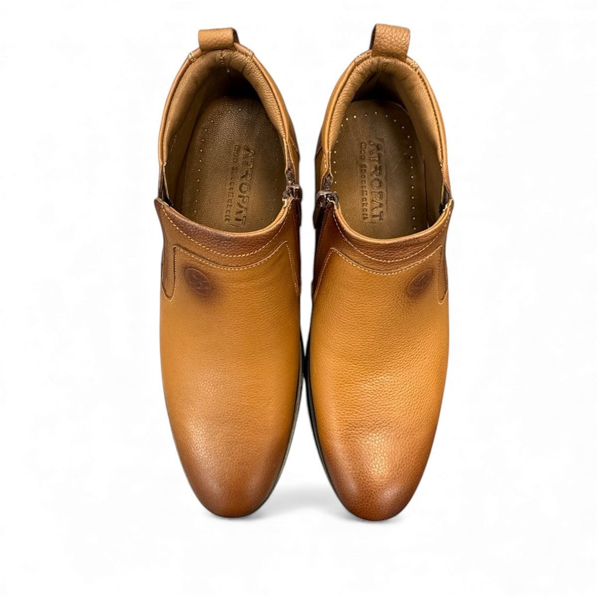 Atropat Amin brown genuine leather slip-on boots with handmade stitching and durable rubber outsole. Photo of upper view.
