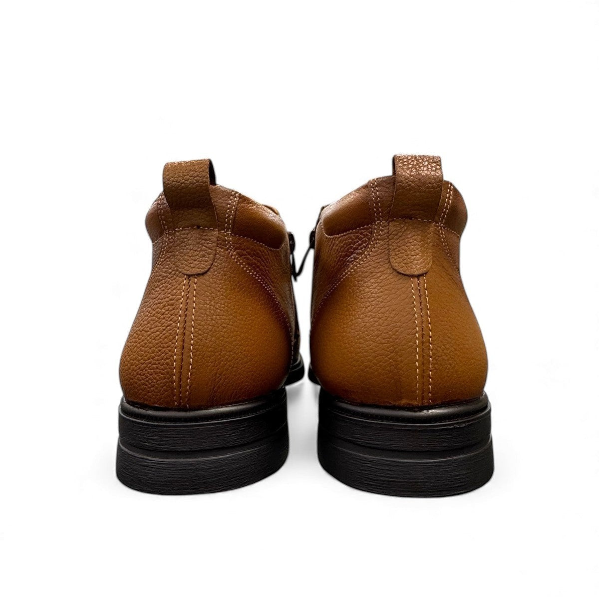 Atropat Amin brown genuine leather slip-on boots with handmade stitching and durable rubber outsole. Photo of back view.