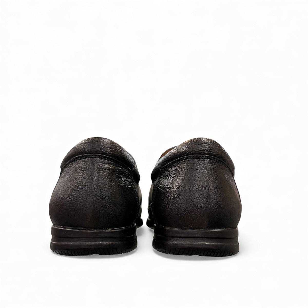 Atropat Bahar black leather slip-on shoes with handmade stitching and durable rubber outsole. Photo of back view.