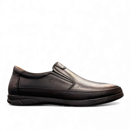 Atropat Bahar black leather slip-on shoes with handmade stitching and durable rubber outsole. Photo of outside side view.