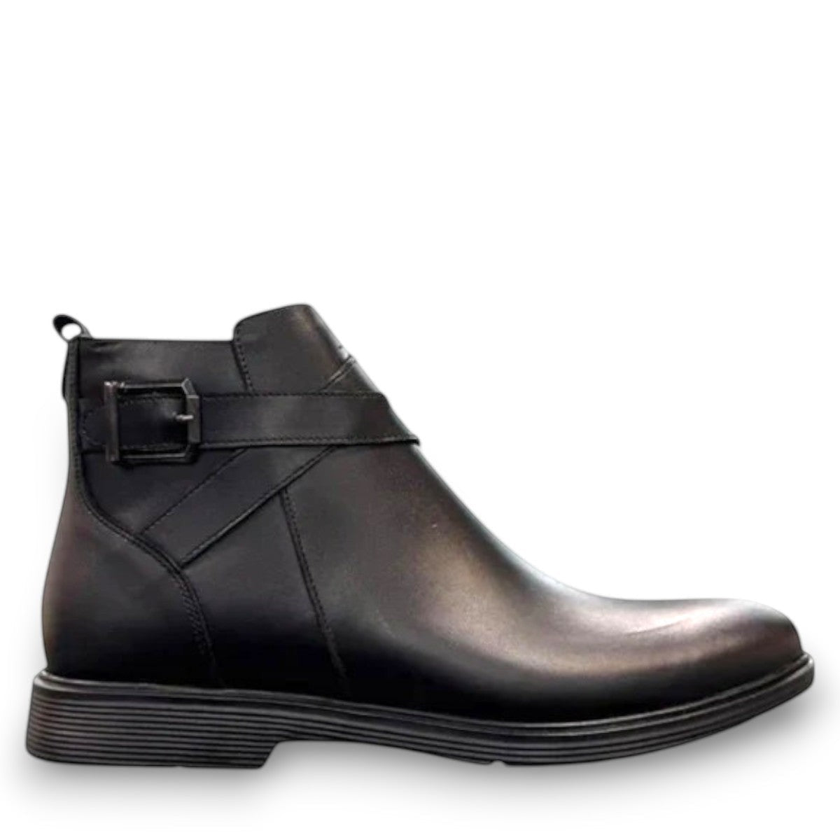 Atropat Bamdad black leather ankle boots with a side buckle strap and durable rubber outsole. Photo of outside side view.