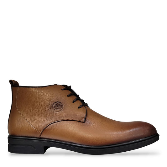 Sina Footwear Atropat Ferdowsi brown genuine leather ankle boots with lace-up closure and durable rubber outsole. Photo of side view.