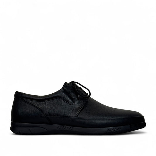 Atropat Hafez black genuine leather smart casual shoes with subtle handmade stitching and rubber sole. Photo of outside side view.