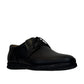 Atropat Hafez black genuine leather smart casual shoes with subtle handmade stitching and rubber sole. Photo of front view at an angle.