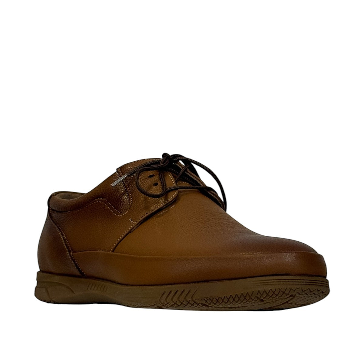 Atropat Hafez brown genuine leather smart casual shoe with handmade stitching and durable rubber outsole. Photo of front view at an angle.