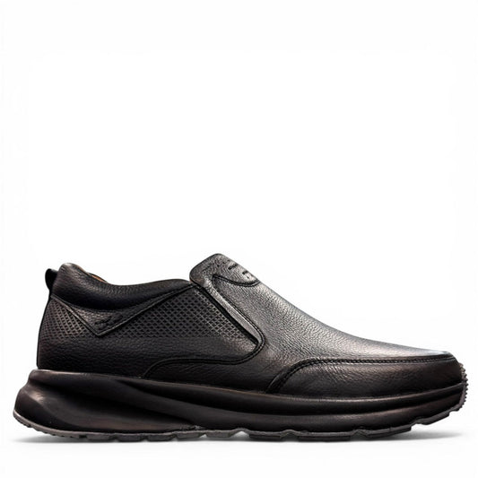 Atropat Kaya black leather slip-on shoes with textured upper and durable rubber sole. Photo of left side view.