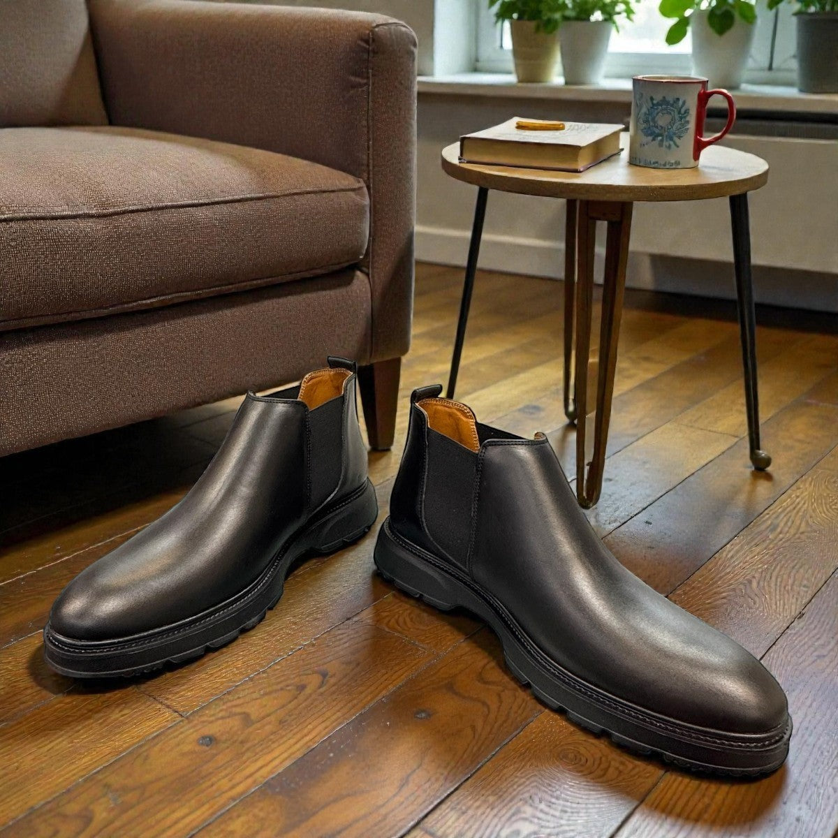 Atropat Mikhak black genuine leather Chelsea boots with rubber outsole and subtle handmade stitching. Photo of  upper view.