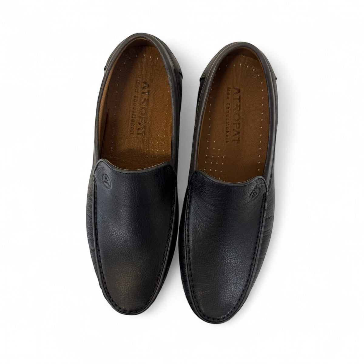 Atropat Molana black genuine leather loafers with subtle handmade stitching and durable rubber outsole. Photo of upper view.