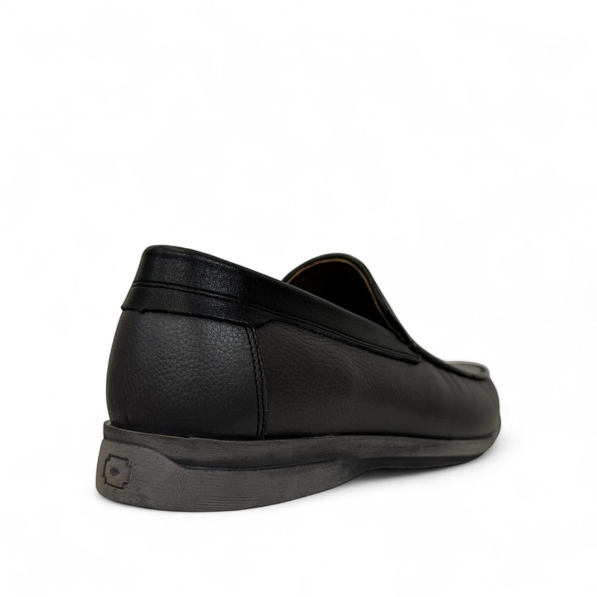 Atropat Molana gray leather slip-on loafers with handmade stitching and durable rubber outsole. Photo of back side view.