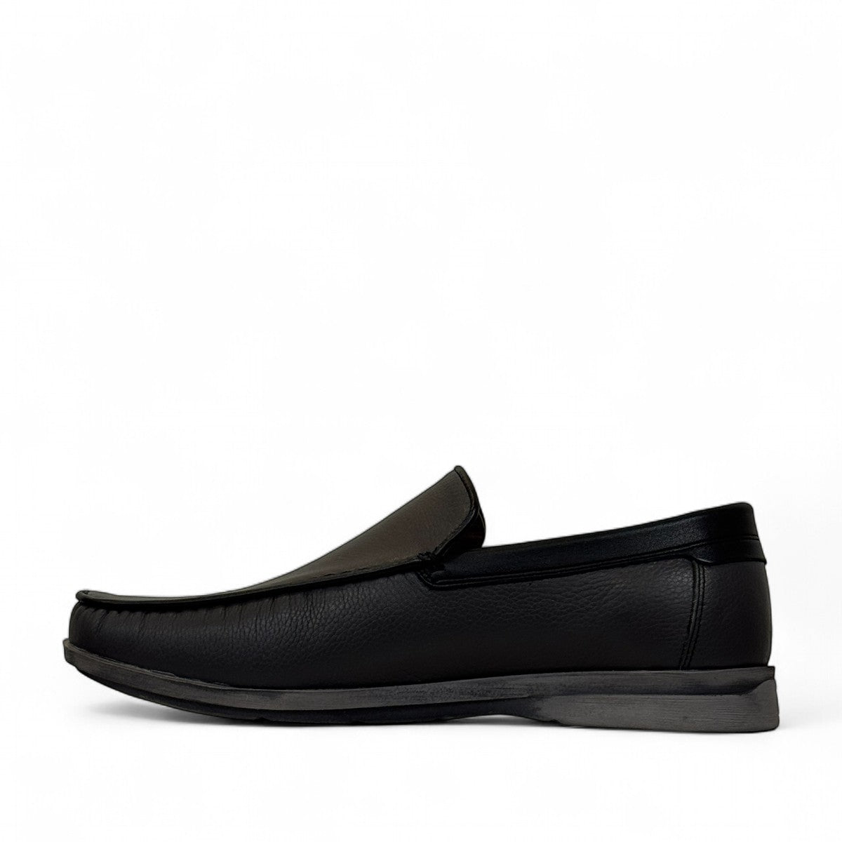 Atropat Molana gray leather slip-on loafers with handmade stitching and durable rubber outsole. Photo of inside side view.