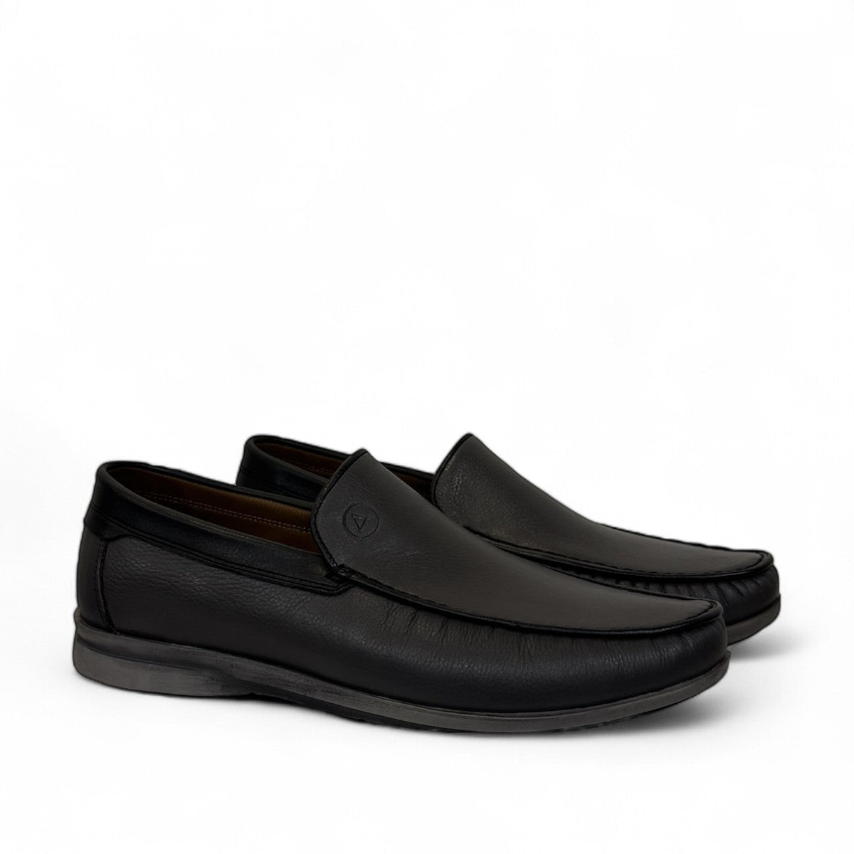 Atropat Molana gray leather slip-on loafers with handmade stitching and durable rubber outsole. Photo of side views.