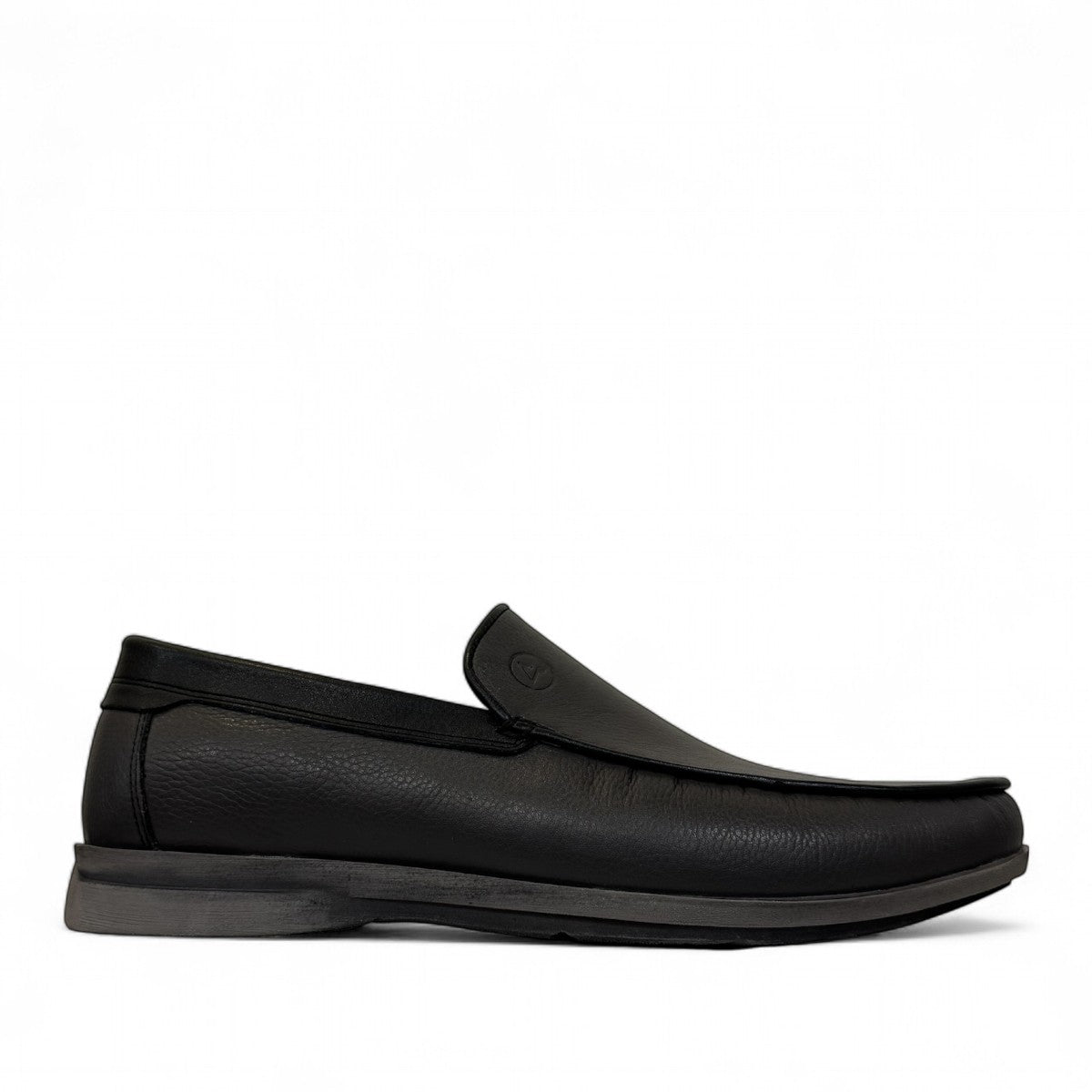 Atropat Molana gray leather slip-on loafers with handmade stitching and durable rubber outsole. Photo of outside side view.