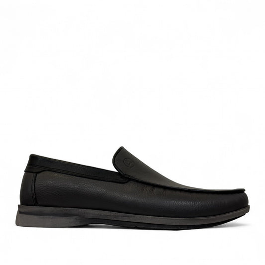 Atropat Molana gray leather slip-on loafers with handmade stitching and durable rubber outsole. Photo of outside side view.