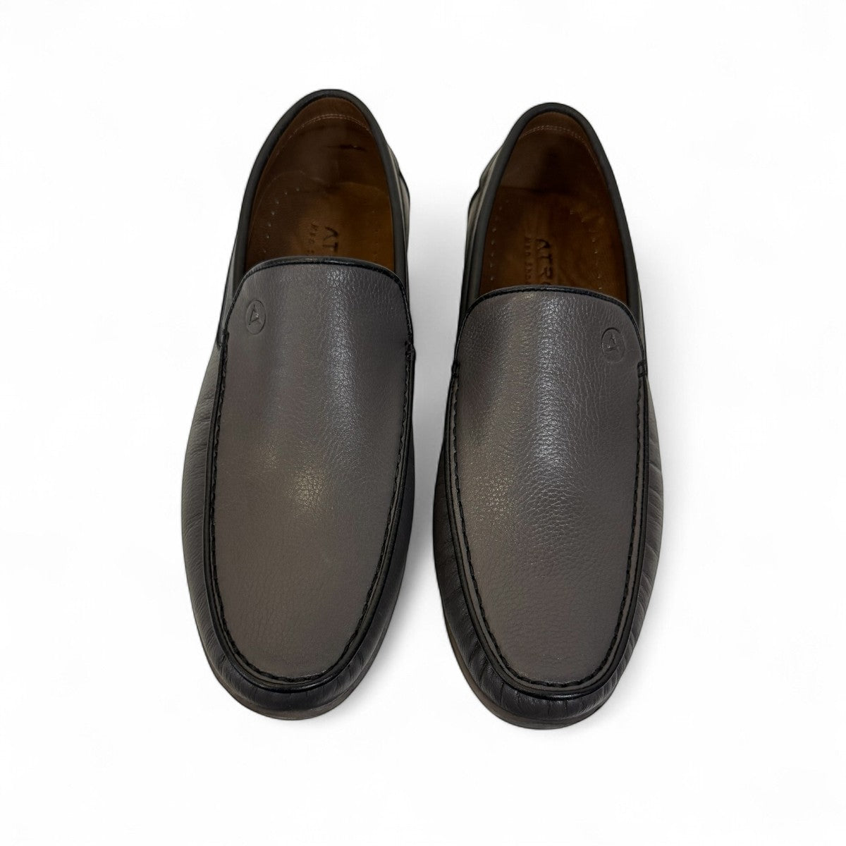Atropat Molana gray leather slip-on loafers with handmade stitching and durable rubber outsole. Photo of upper view.
