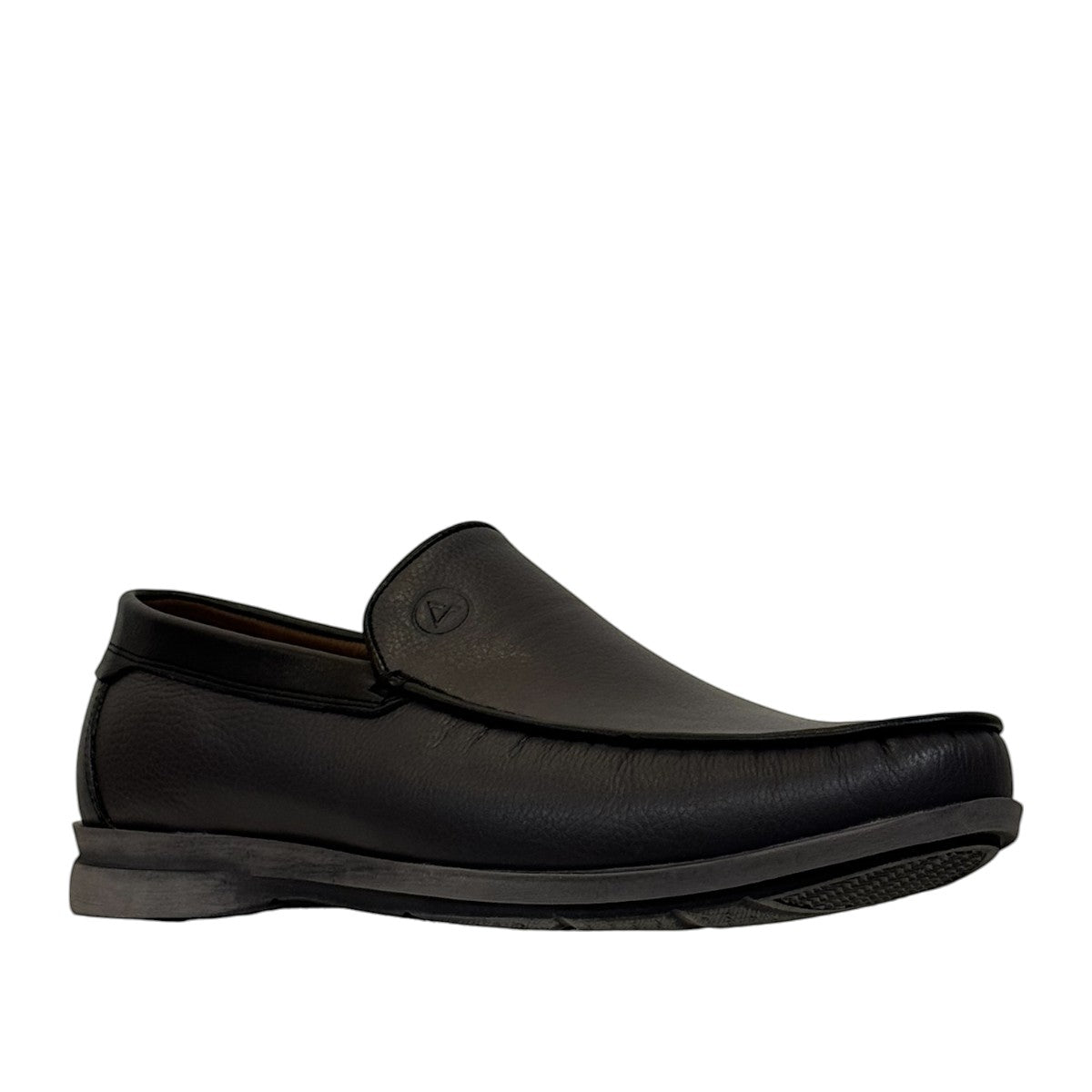 Atropat Molana gray leather slip-on loafers with handmade stitching and durable rubber outsole. Photo of side view at an angle.