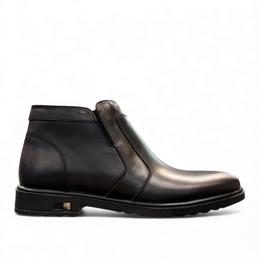Atropat Nezami black genuine leather ankle boots with handmade stitching and durable rubber outsole. Photo of outside side view.
