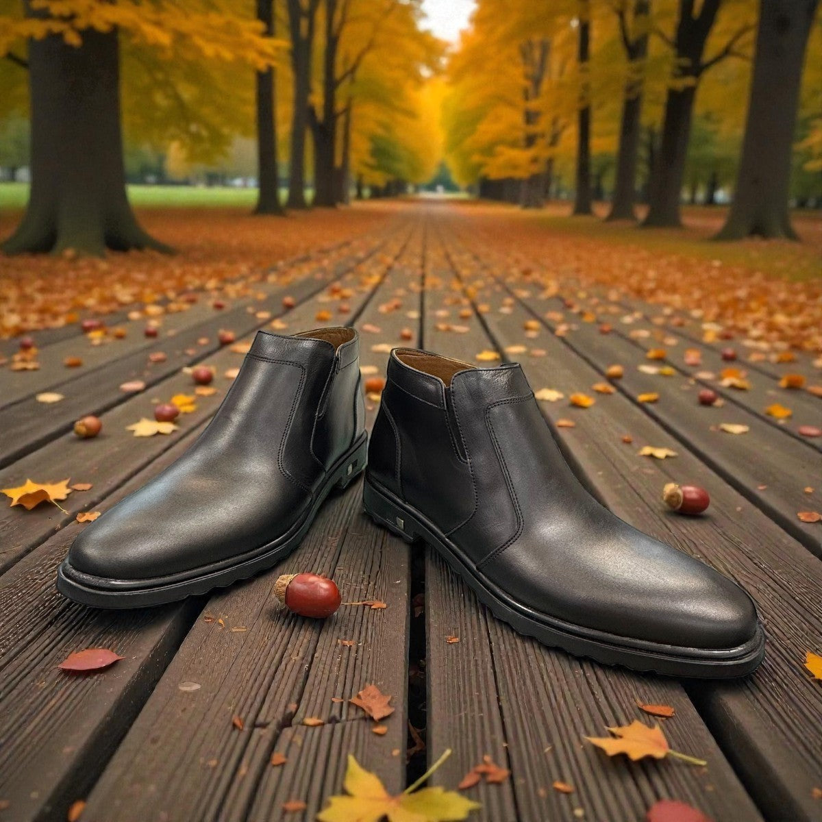 Atropat Nezami black genuine leather ankle boots with handmade stitching and durable rubber outsole. Photo of front view.