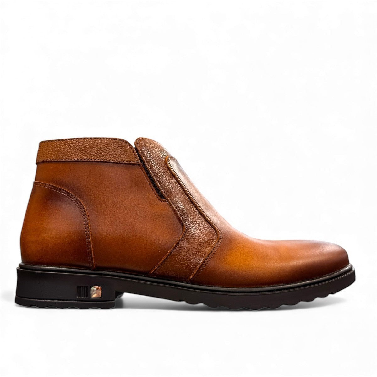 Atropat Nezami light brown leather boots with handmade stitching and a durable rubber outsole. Photo of  outside side view.
