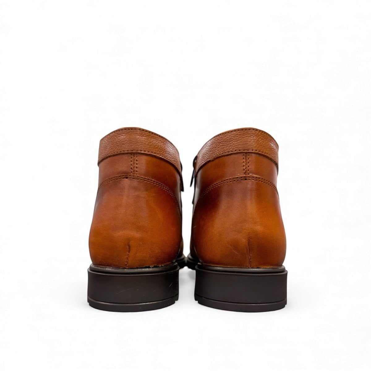 Atropat Nezami light brown leather boots with handmade stitching and a durable rubber outsole. Photo of back view.