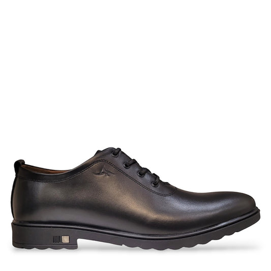 Sina Footwear Atropat Nima black leather formal shoe with handmade stitching and a durable rubber outsole. Photo of side view.