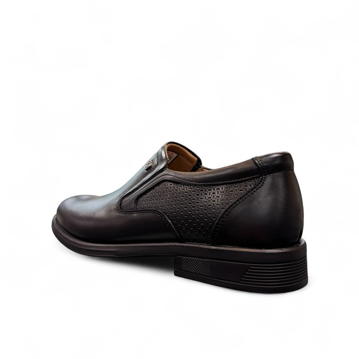 Atropat Parsa black leather slip-on shoe with handmade stitching and durable rubber outsole. Photo of side view from the back.