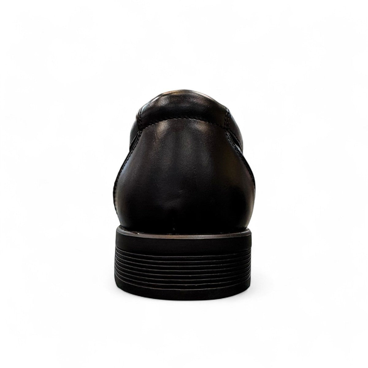Atropat Parsa black leather slip-on shoe with handmade stitching and durable rubber outsole. Photo of back view.