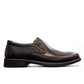 Atropat Parsa black leather slip-on shoe with handmade stitching and durable rubber outsole. Photo of left side view.