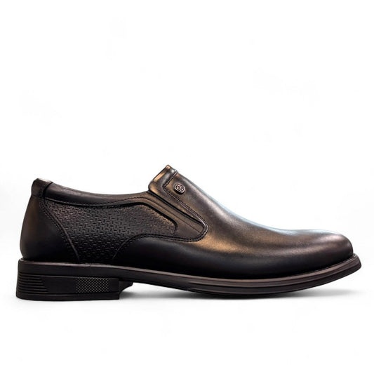 Atropat Parsa black leather slip-on shoe with handmade stitching and durable rubber outsole. Photo of left side view.