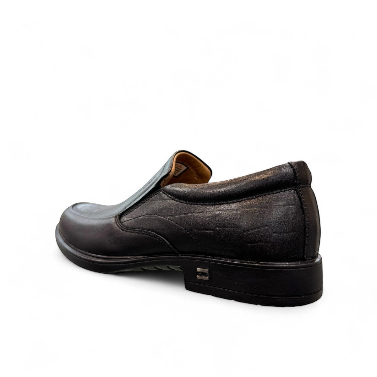 Atropat Ramtin black genuine leather slip-on boots with textured detail and durable rubber outsole. Photo of back view.