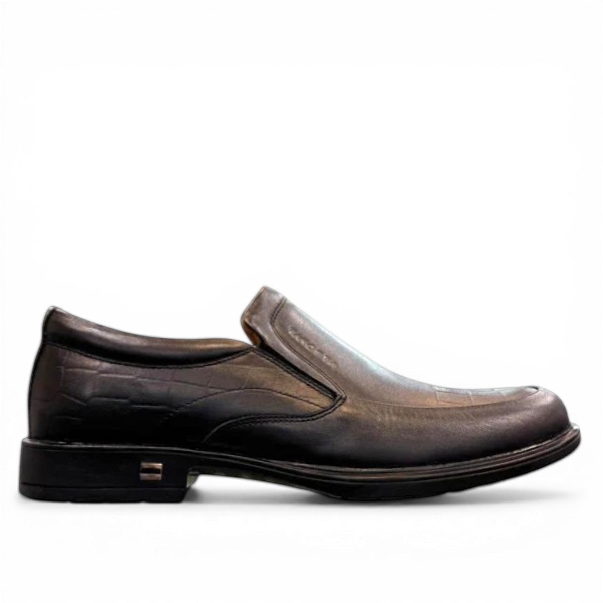 Atropat Ramtin black genuine leather slip-on boots with textured detail and durable rubber outsole. Photo of left side view.