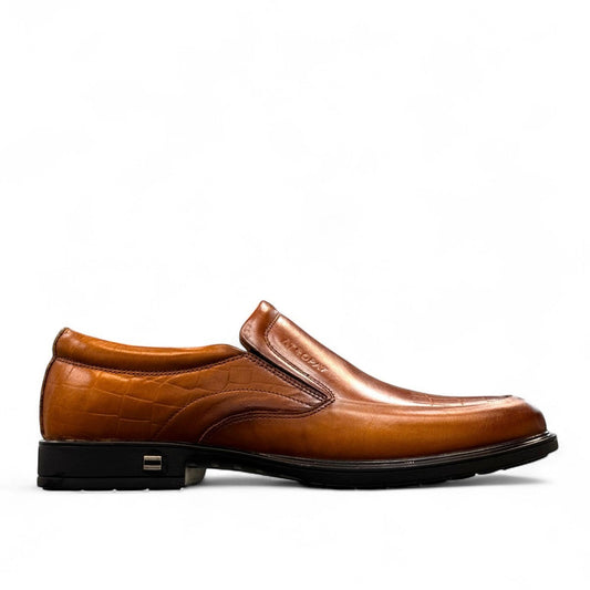 Atropat Ramtin brown leather slip-on shoes with crocodile texture and durable rubber outsole. Photo of right side view.