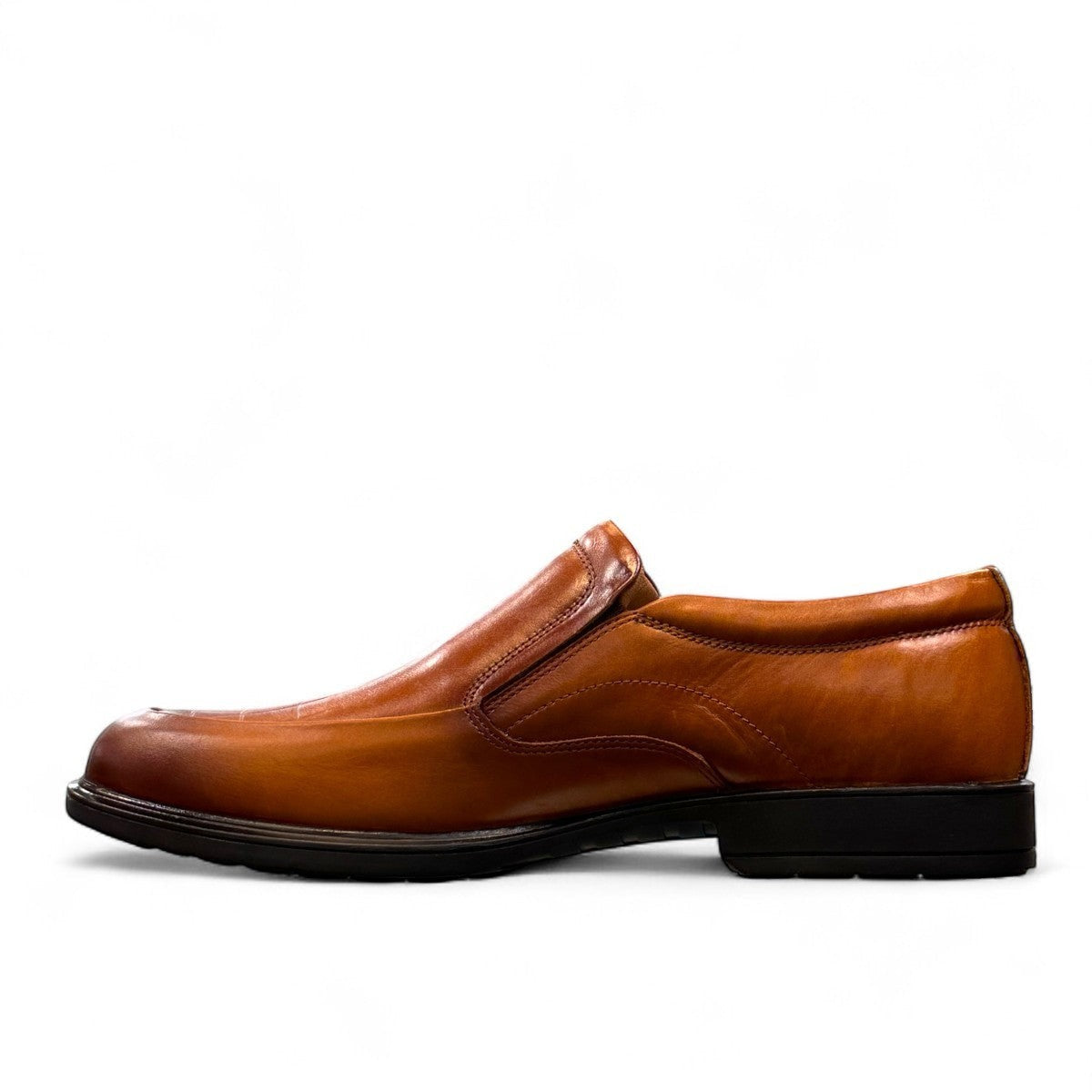 Atropat Ramtin brown leather slip-on shoes with crocodile texture and durable rubber outsole. Photo of left side view.