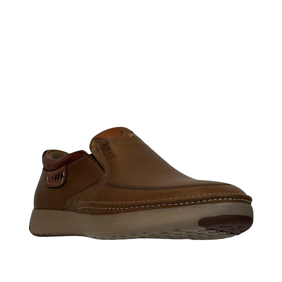 Atropat Saadi brown leather slip-on shoes with handmade stitching and durable rubber outsole. Photo of front view.