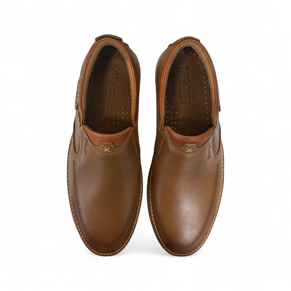 Atropat Saadi brown leather slip-on shoes with handmade stitching and durable rubber outsole. Photo of upper view.