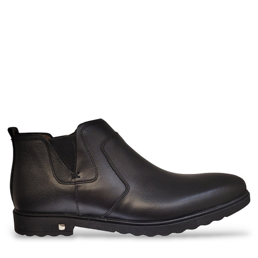 Atropat Sohrab black leather slip-on boots with handmade stitching and a durable rubber outsole. Photo of side view.
