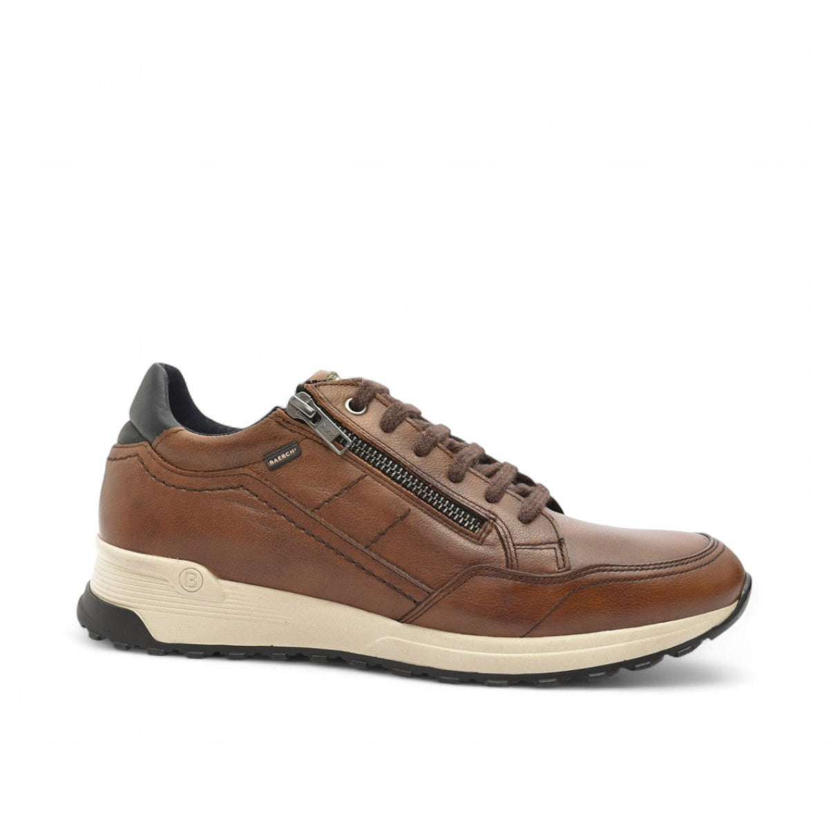 BAERCHI 1300 brown leather casual sneakers with side zipper and comfortable rubber sole. Photo of side view.