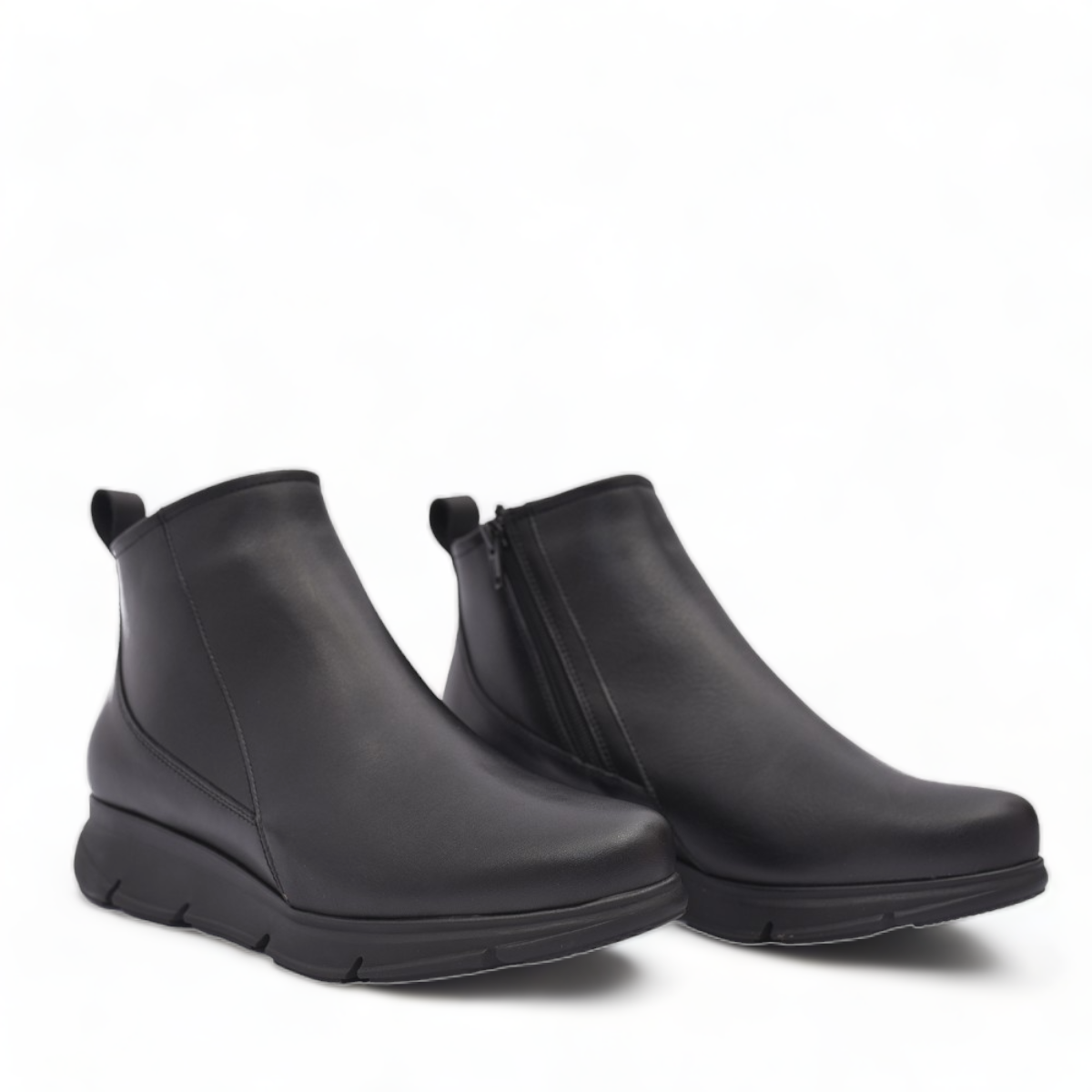 BAERCHI black leather casual ankle boots with a comfortable rubber sole. Photo of side views.