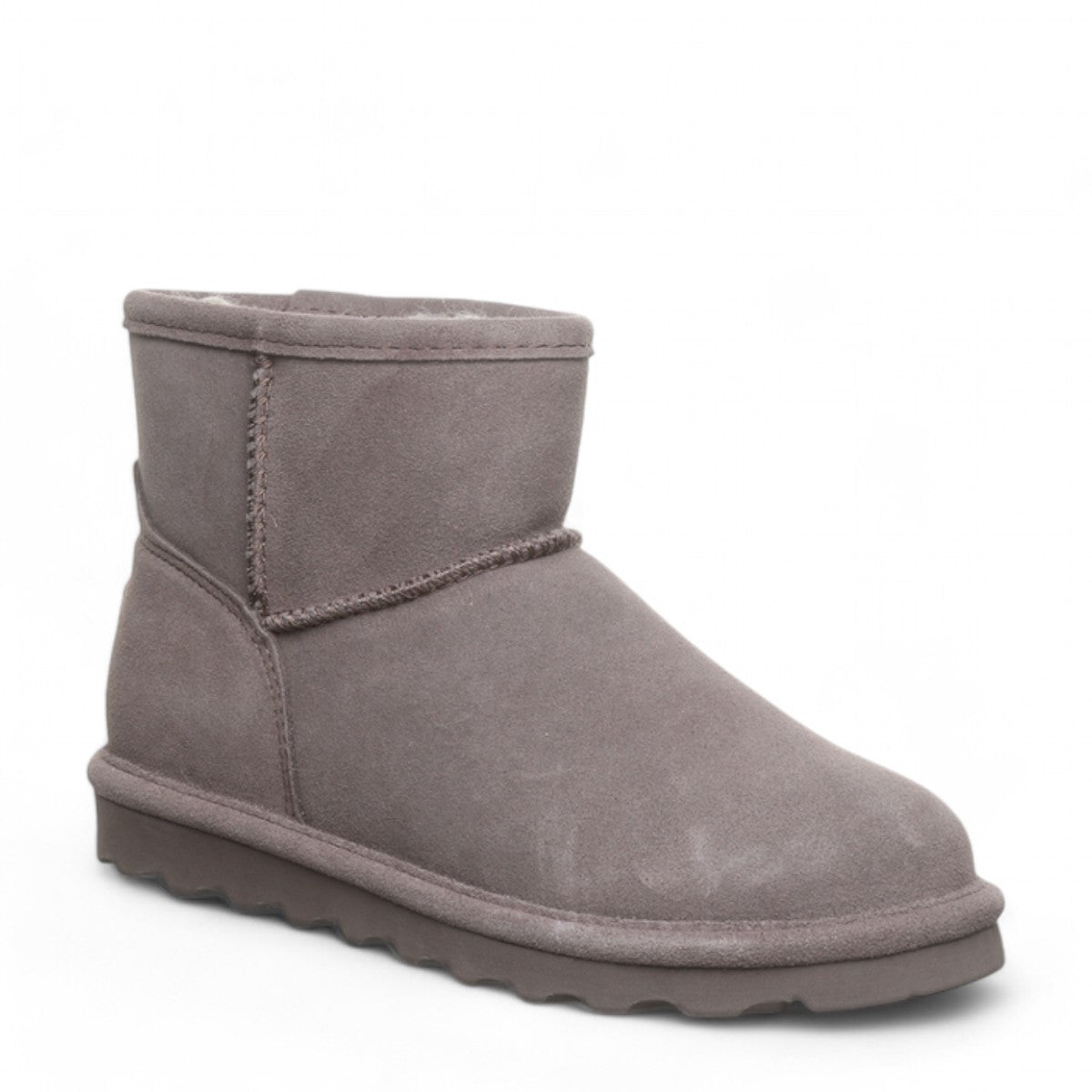 BEARPAW Alyssa ankle boot in cinder grey suede with wool lining and durable rubber sole
