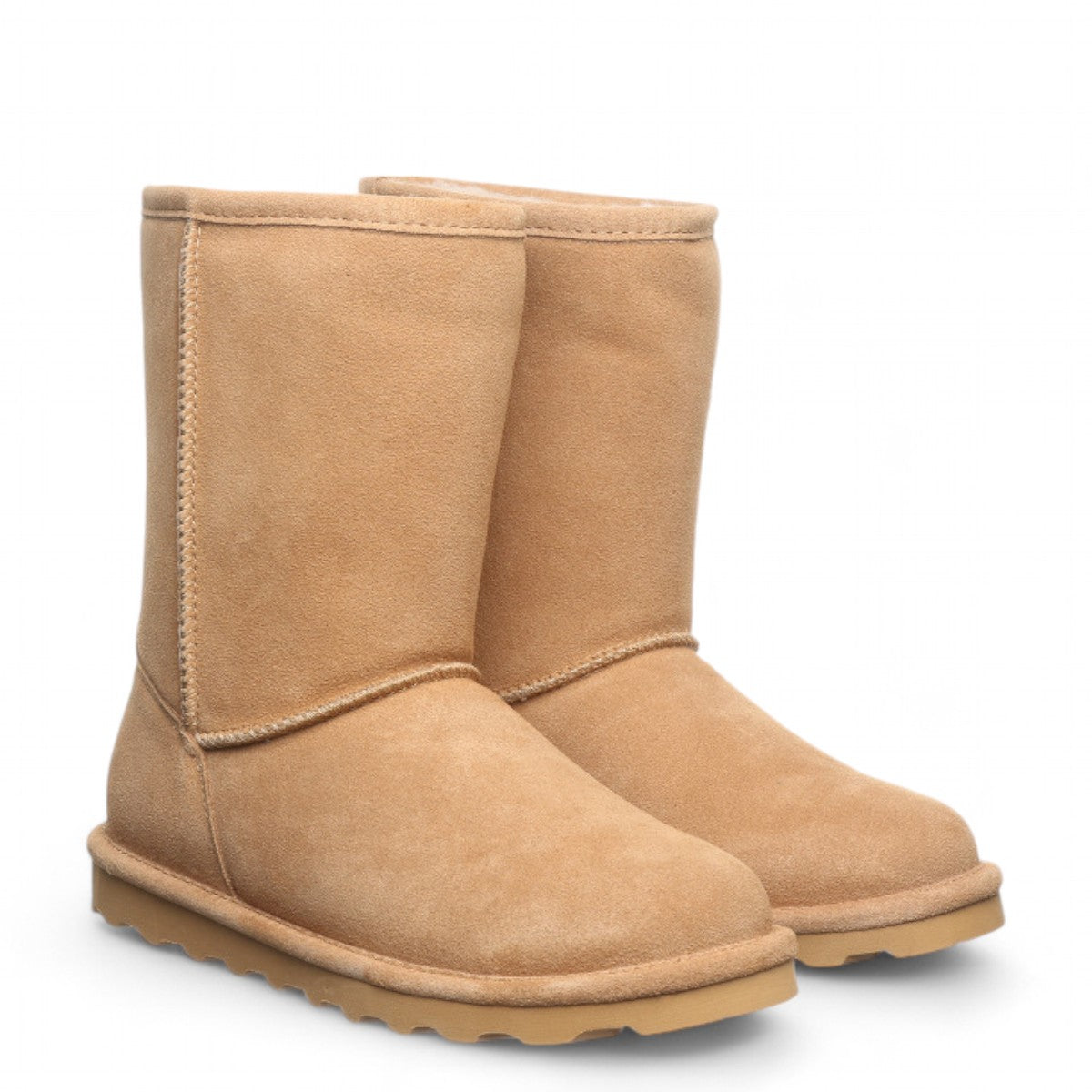 BEARPAW Elle Short boot in iced coffee suede with a round toe and durable rubber sole