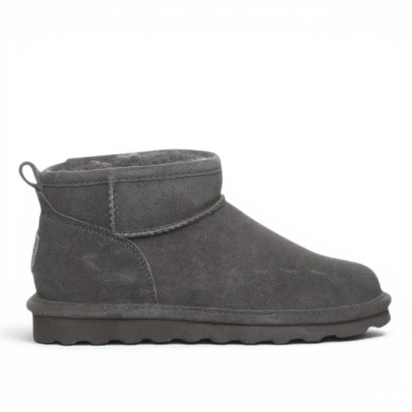 BEARPAW Shorty ankle boots in graphite grey suede with wool lining and durable rubber outsole