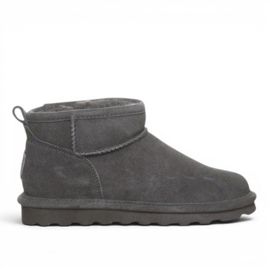 BEARPAW Shorty ankle boots in graphite grey suede with wool lining and durable rubber outsole